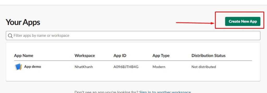 chọn create new app để thêm app slack