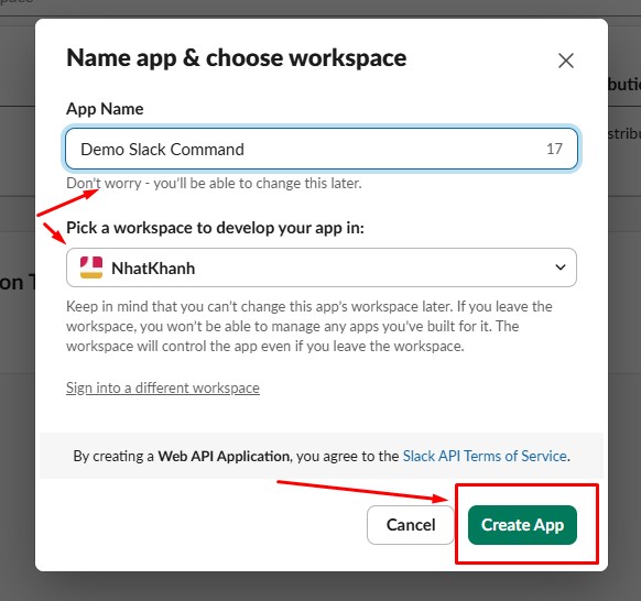 điền tên app slack và chọn workspace