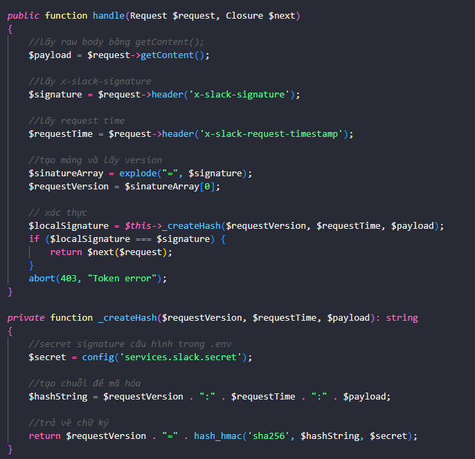 Dùng middleware xác thực chữ ký trước khi phản hồi Slack command