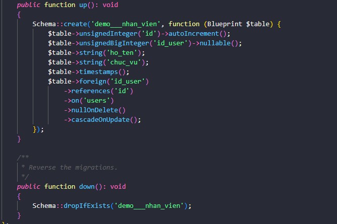 Tạo file migration để tạo bảng Nhân Viên
