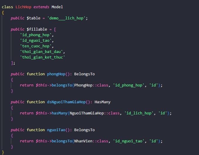 Tạo model LichHop và các relations, liên kết với bảng demo___lich_hop