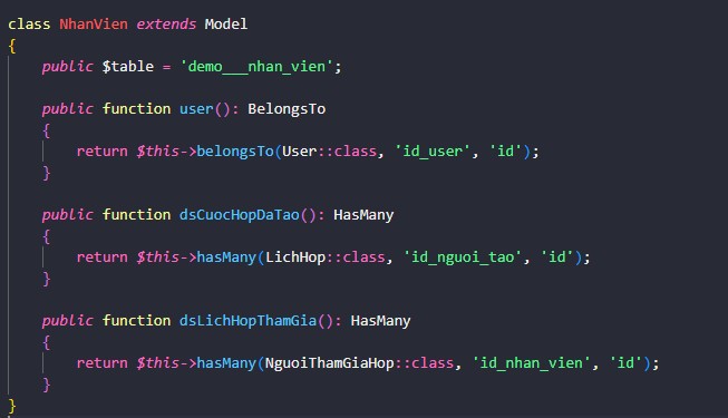 Tạo model và viết các mối quan hệ cho NhanVien