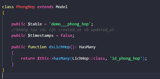 Tạo model và viết các mối quan hệ cho PhongHop
